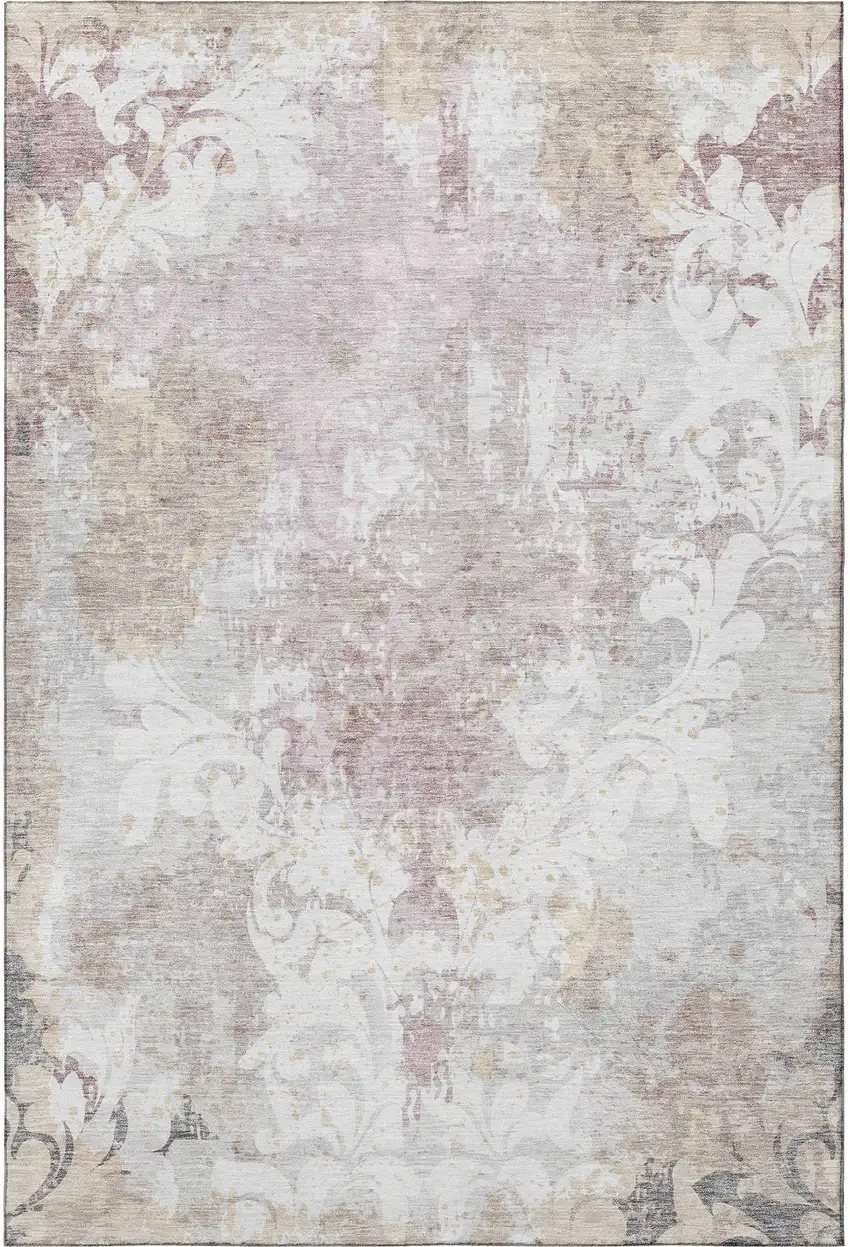 Ivory Beige And Gray Damask Washable Area Rug With UV Protection Photo 2