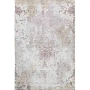 Photo of Ivory Beige And Gray Damask Washable Area Rug With UV Protection