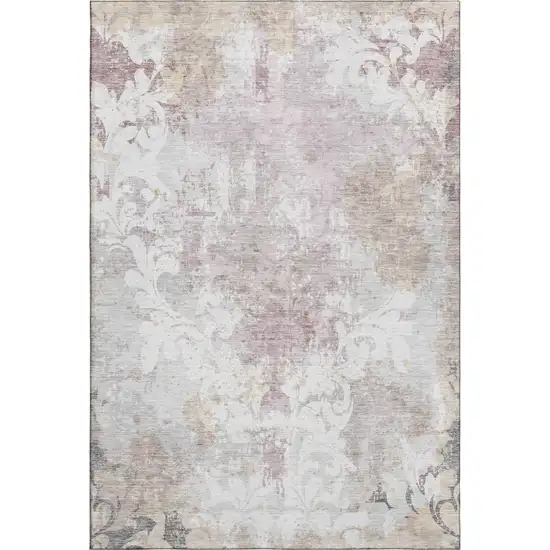 Ivory Beige And Gray Damask Washable Area Rug With UV Protection Photo 1