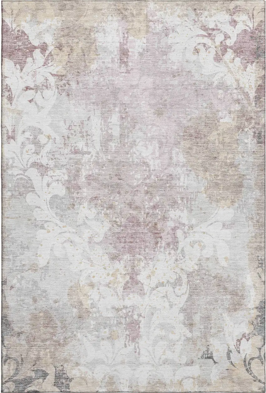 Ivory Beige And Gray Damask Washable Area Rug With UV Protection Photo 1