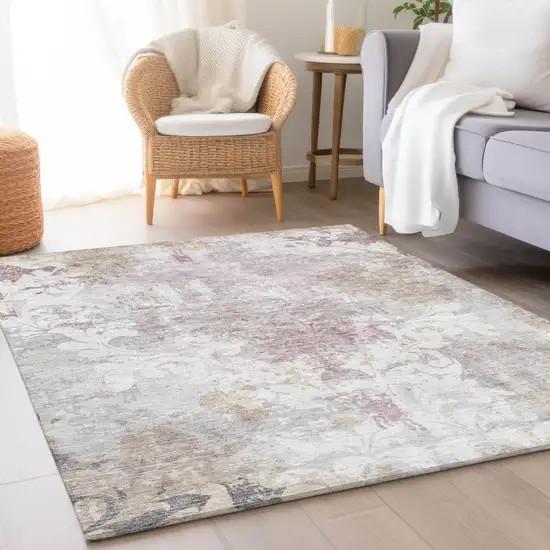 Ivory Beige And Gray Damask Washable Area Rug With UV Protection Photo 4