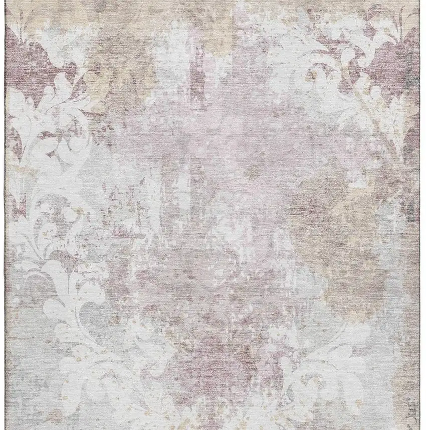 Ivory Beige And Gray Damask Washable Area Rug With UV Protection Photo 3