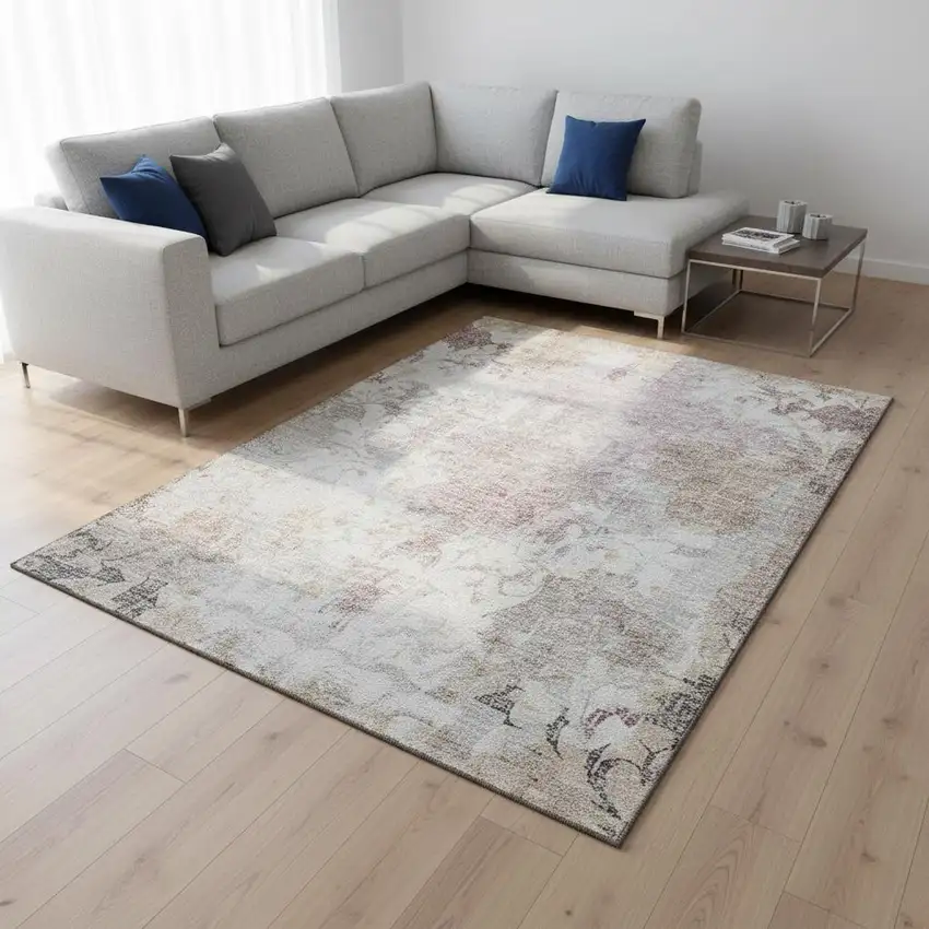 Ivory Beige And Gray Damask Washable Area Rug With UV Protection Photo 2