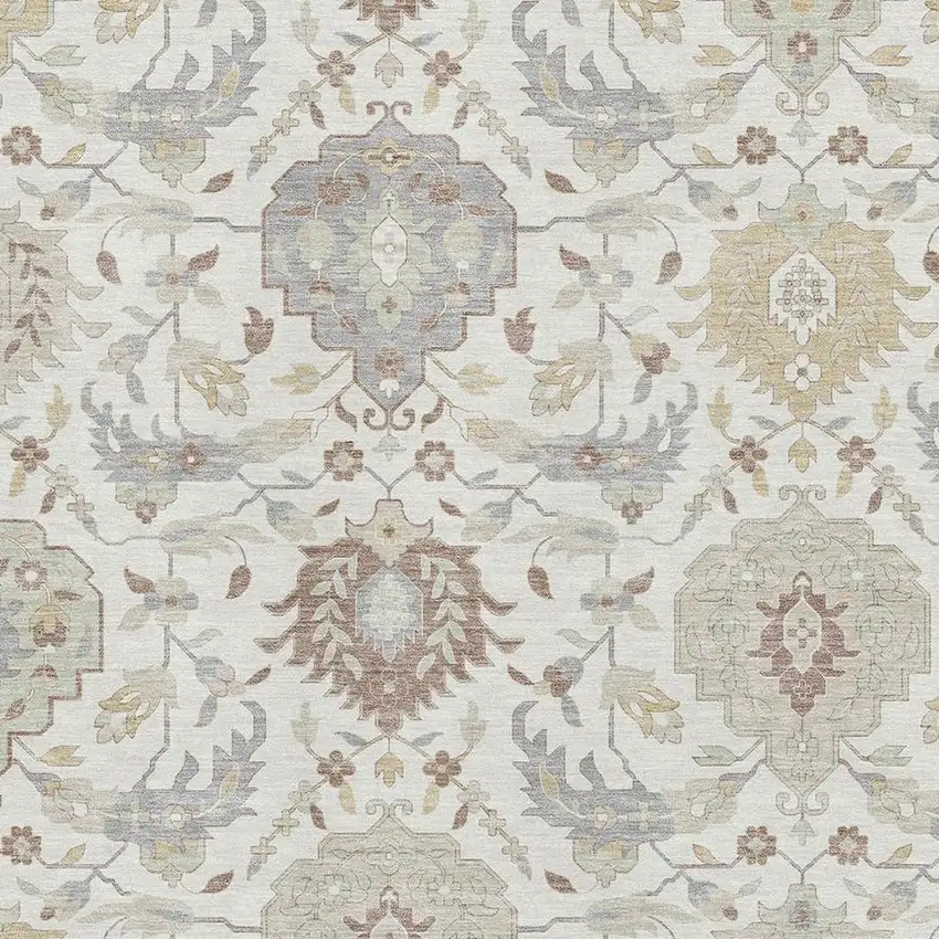 Ivory Beige And Gray Damask Washable Area Rug With UV Protection Photo 2