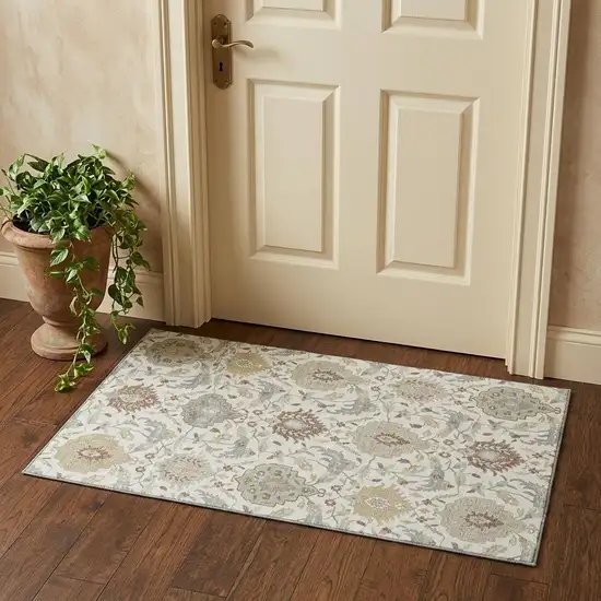 Ivory Beige And Gray Damask Washable Area Rug With UV Protection Photo 1