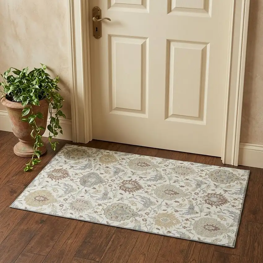 Ivory Beige And Gray Damask Washable Area Rug With UV Protection Photo 1