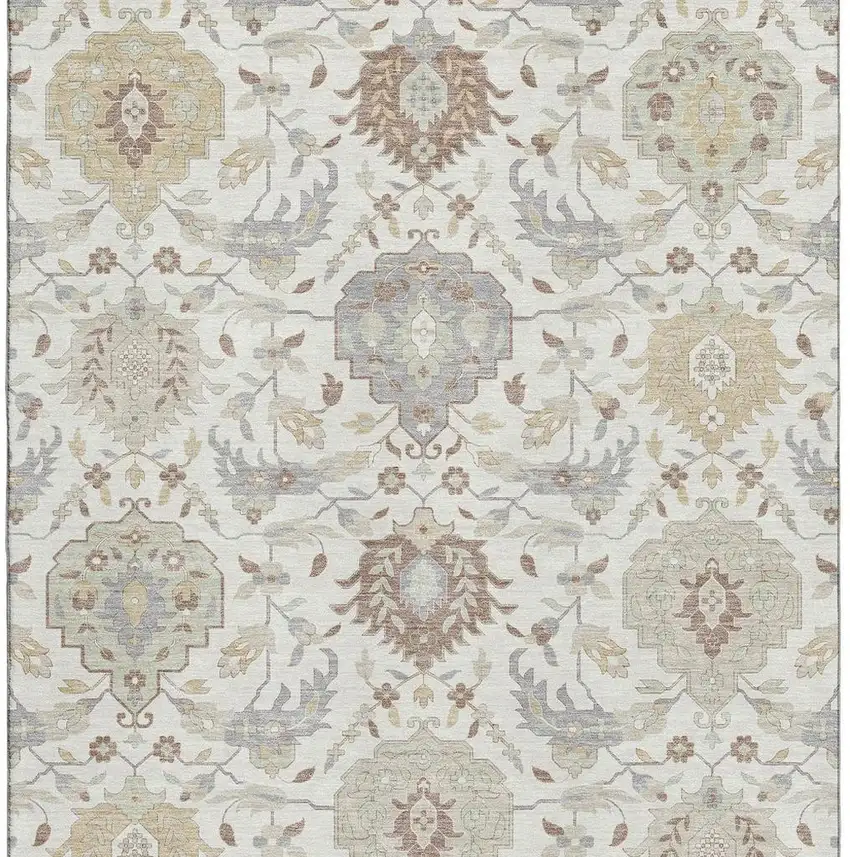 Ivory Beige And Gray Damask Washable Area Rug With UV Protection Photo 3