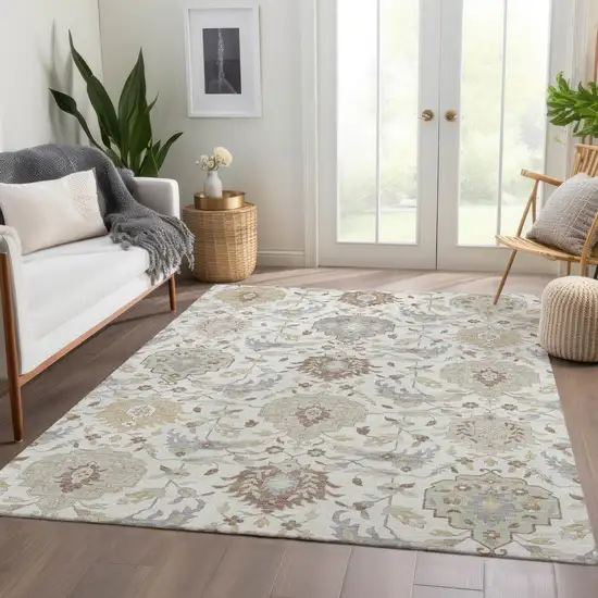 Ivory Beige And Gray Damask Washable Area Rug With UV Protection Photo 5