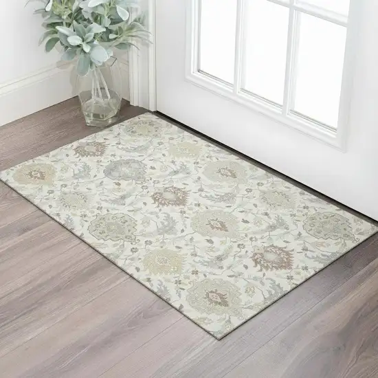 Ivory Beige And Gray Damask Washable Area Rug With UV Protection Photo 2