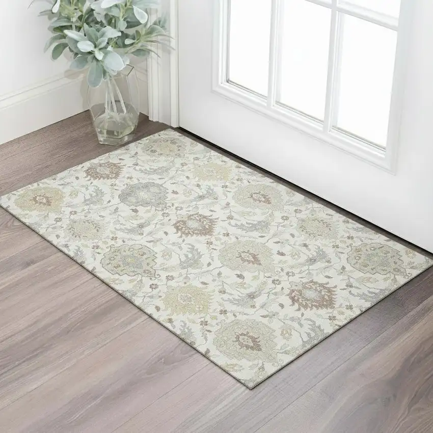 Ivory Beige And Gray Damask Washable Area Rug With UV Protection Photo 2
