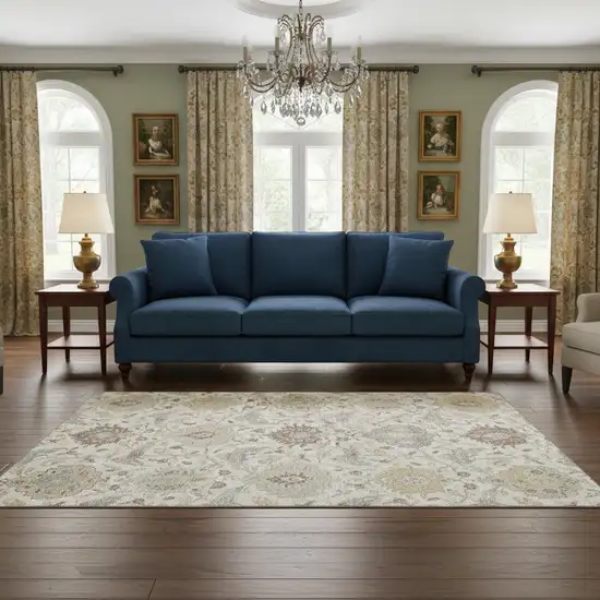 Ivory Beige And Gray Damask Washable Area Rug With UV Protection Photo 2