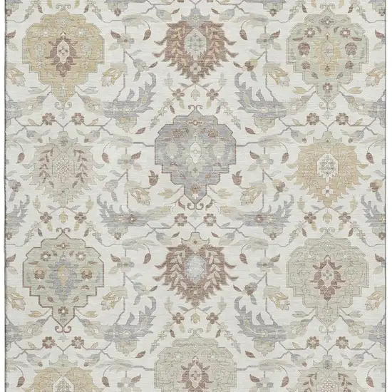 Ivory Beige And Gray Damask Washable Area Rug With UV Protection Photo 3