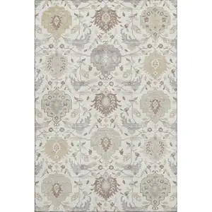 Photo of Ivory Beige And Gray Damask Washable Area Rug With UV Protection
