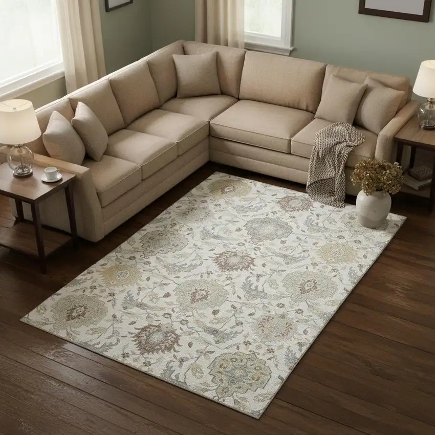 Ivory Beige And Gray Damask Washable Area Rug With UV Protection Photo 2