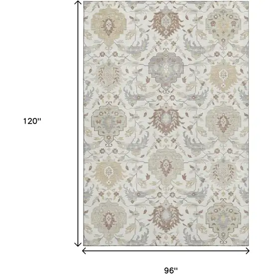 Ivory Beige And Gray Damask Washable Area Rug With UV Protection Photo 9