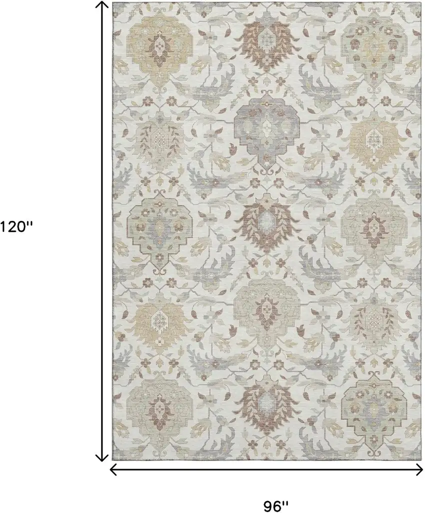 Ivory Beige And Gray Damask Washable Area Rug With UV Protection Photo 9
