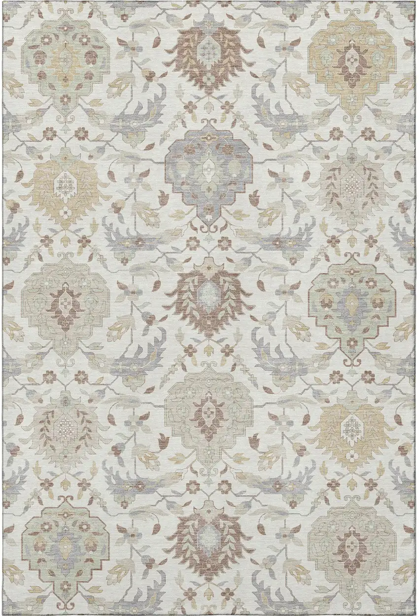 Ivory Beige And Gray Damask Washable Area Rug With UV Protection Photo 2