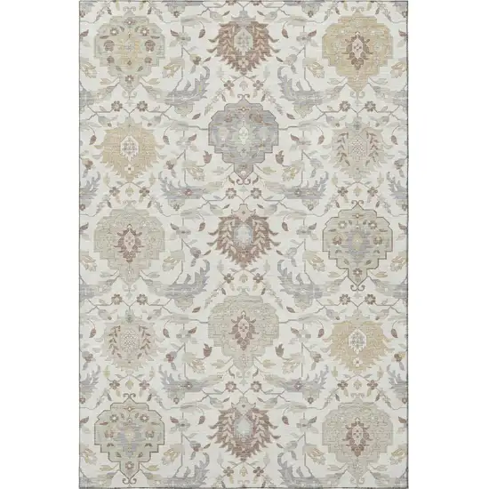 Ivory Beige And Gray Damask Washable Area Rug With UV Protection Photo 2