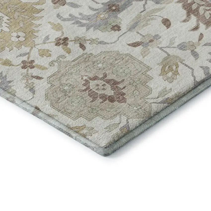 Ivory Beige And Gray Damask Washable Area Rug With UV Protection Photo 6