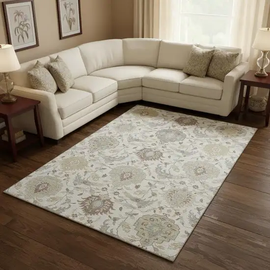 Ivory Beige And Gray Damask Washable Area Rug With UV Protection Photo 2