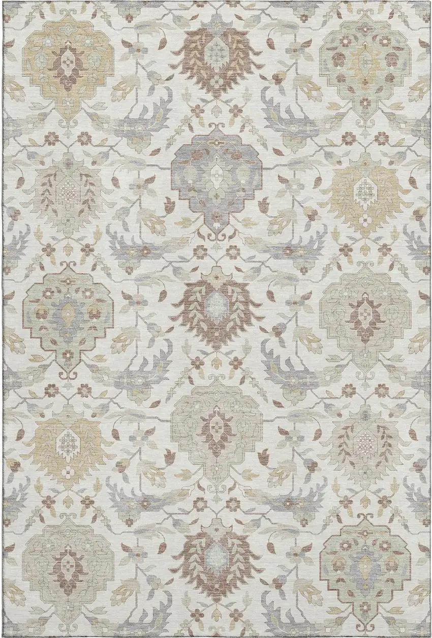 Ivory Beige And Gray Damask Washable Area Rug With UV Protection Photo 1