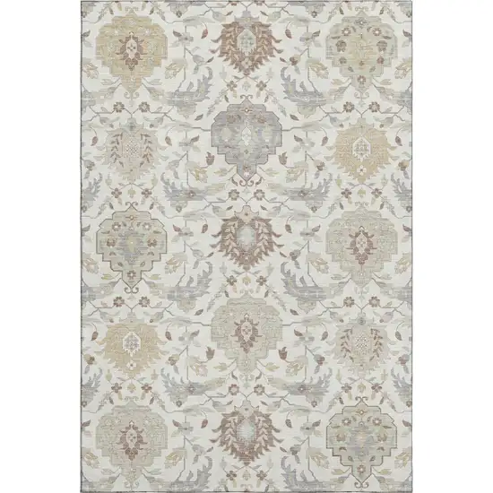 Ivory Beige And Gray Damask Washable Area Rug With UV Protection Photo 1