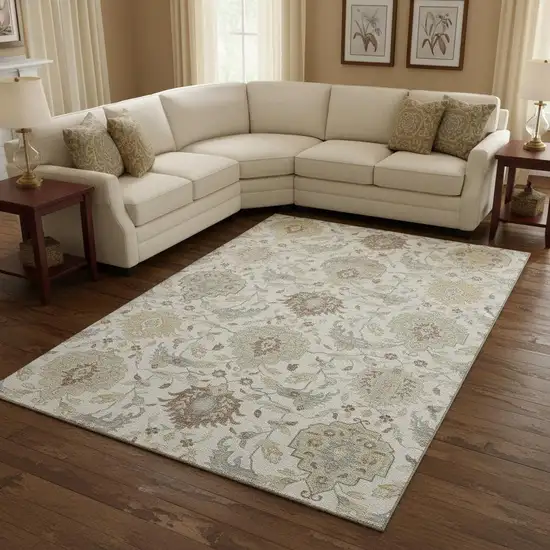 Ivory Beige And Gray Damask Washable Area Rug With UV Protection Photo 2