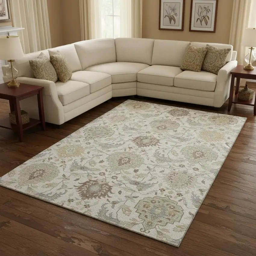 Ivory Beige And Gray Damask Washable Area Rug With UV Protection Photo 2