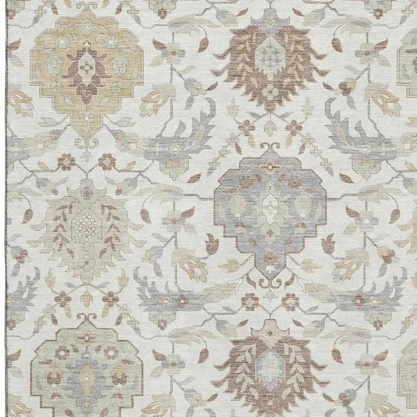 Ivory Beige And Gray Damask Washable Area Rug With UV Protection Photo 3