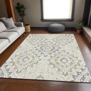 Photo of Ivory Beige And Gray Floral Washable Indoor Outdoor Area Rug