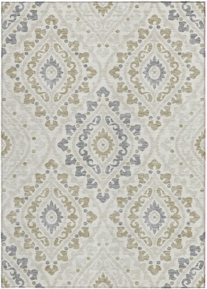 Ivory Beige And Gray Floral Washable Indoor Outdoor Area Rug Photo 7