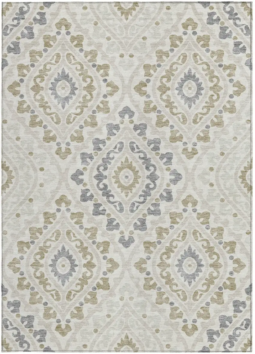 Ivory Beige And Gray Floral Washable Indoor Outdoor Area Rug Photo 7