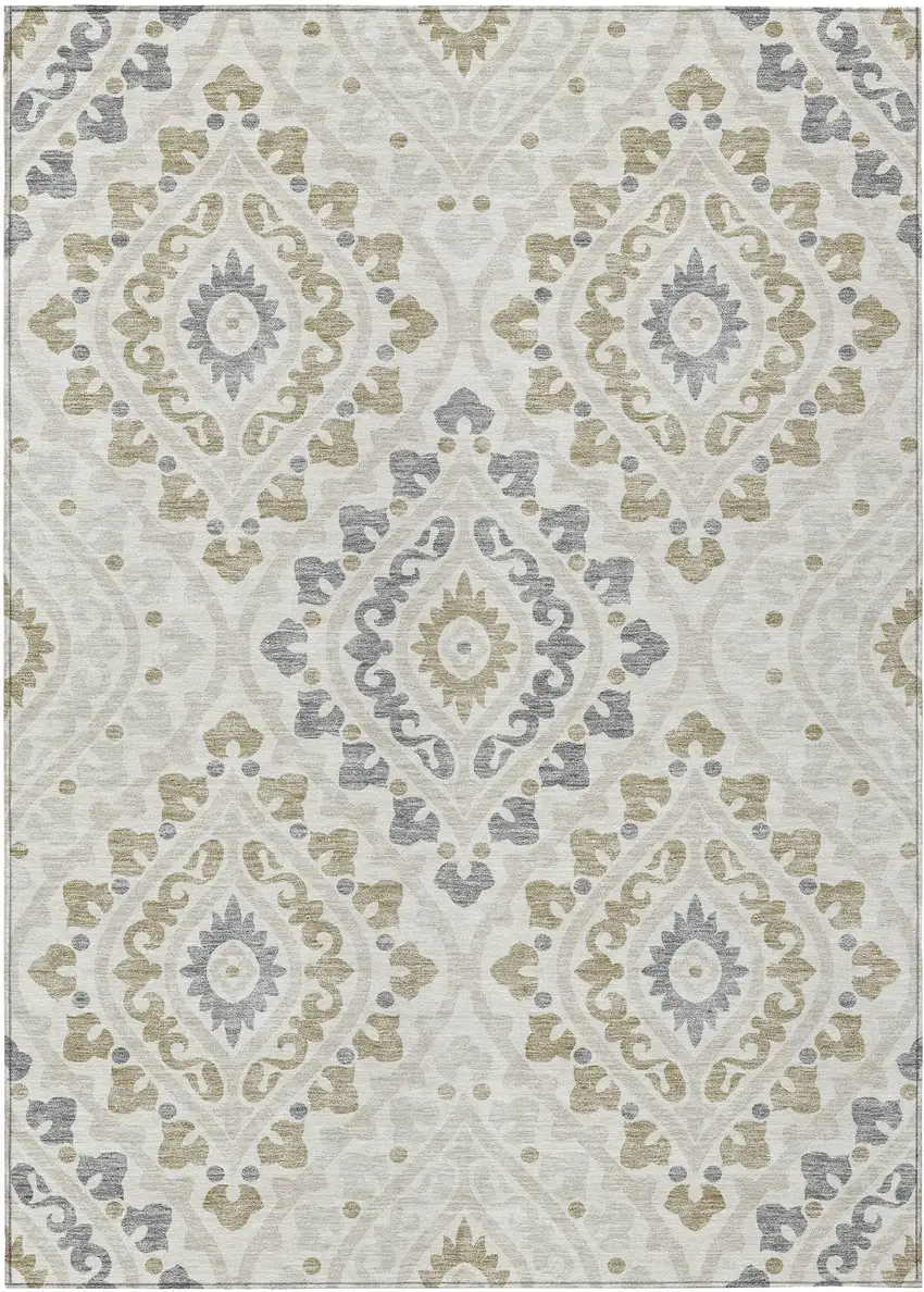 Ivory Beige And Gray Floral Washable Indoor Outdoor Area Rug Photo 2