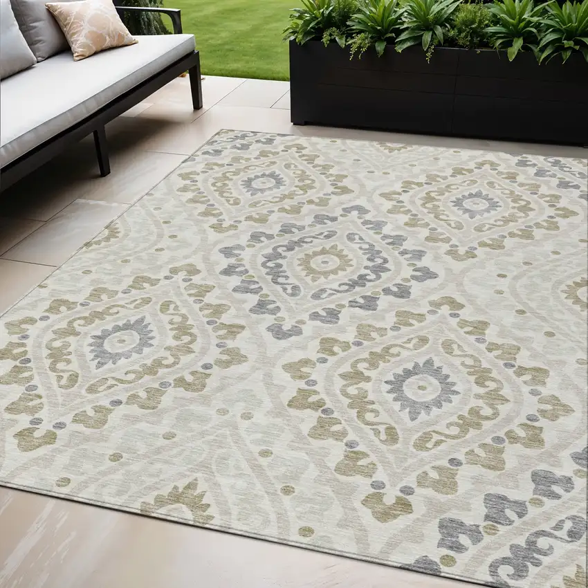 Ivory Beige And Gray Floral Washable Indoor Outdoor Area Rug Photo 1