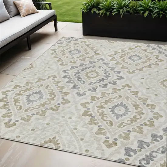 Ivory Beige And Gray Floral Washable Indoor Outdoor Area Rug Photo 1