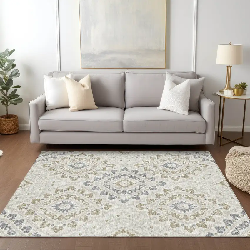 Ivory Beige And Gray Floral Washable Indoor Outdoor Area Rug Photo 9