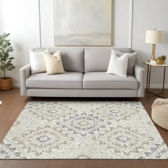 Ivory Beige And Gray Floral Washable Indoor Outdoor Area Rug Photo 9