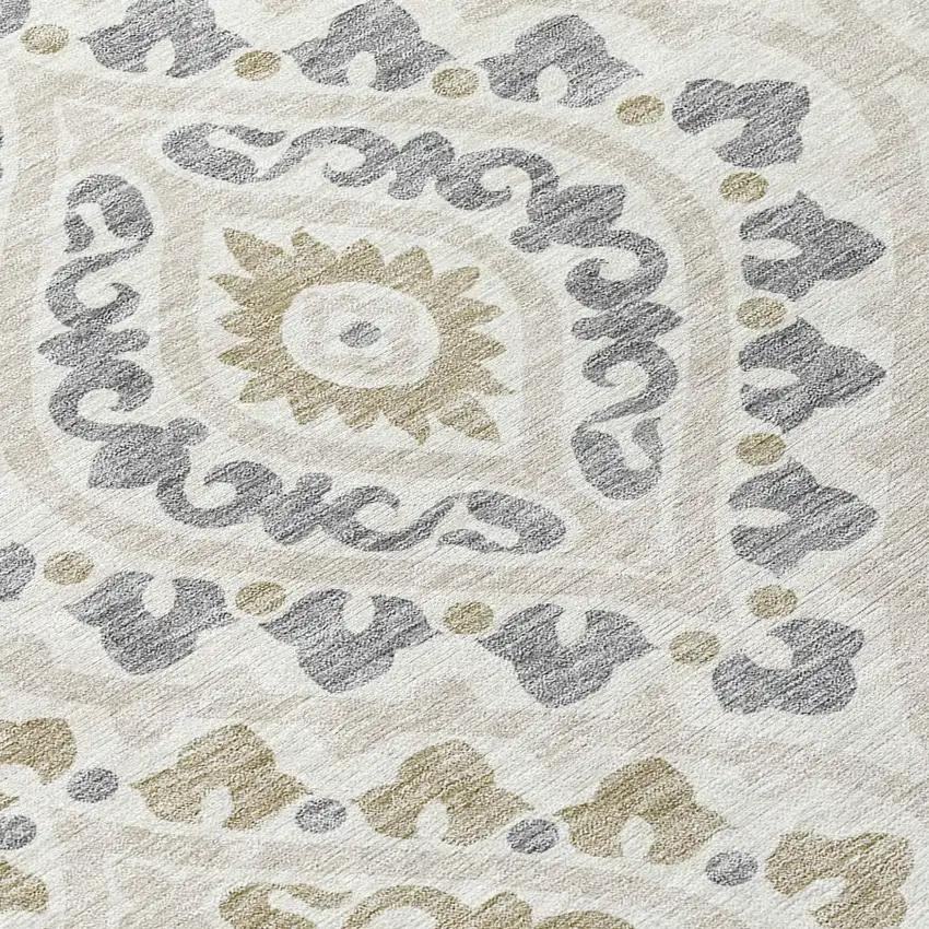 Ivory Beige And Gray Floral Washable Indoor Outdoor Area Rug Photo 4