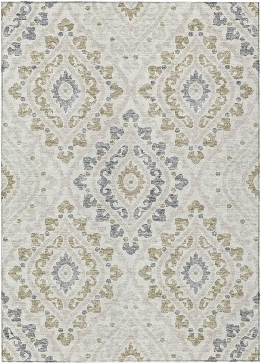 Ivory Beige And Gray Floral Washable Indoor Outdoor Area Rug Photo 1