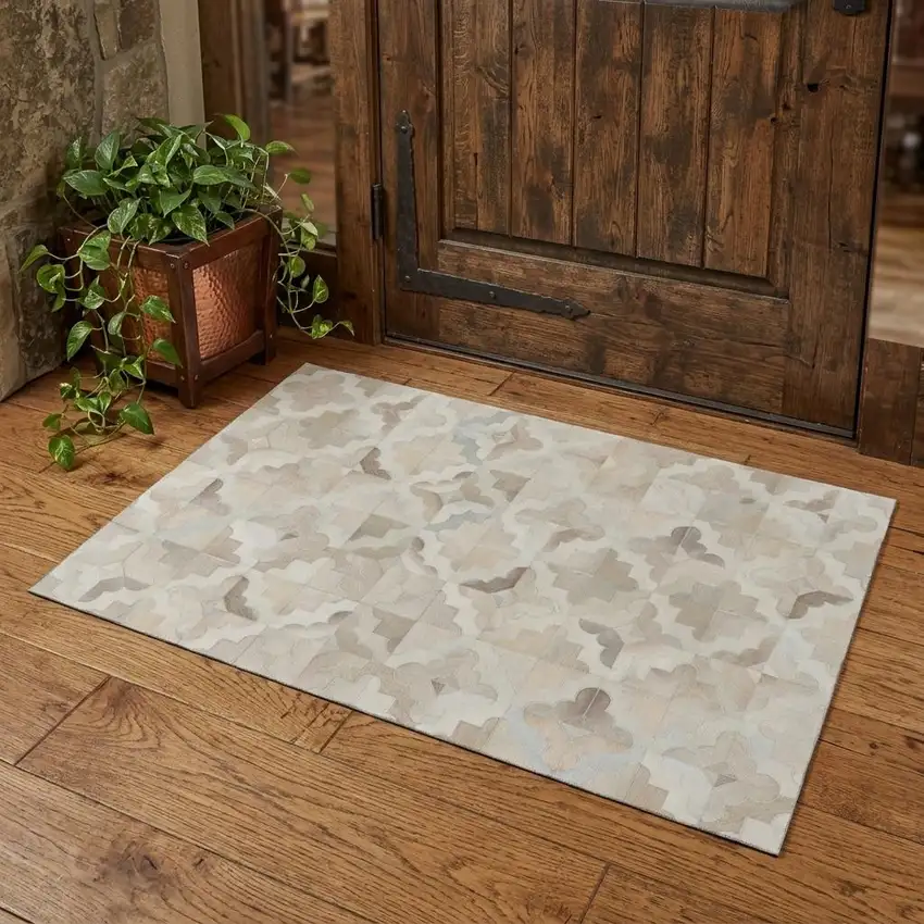 Ivory Beige And Gray Geometric Washable Area Rug With UV Protection Photo 1