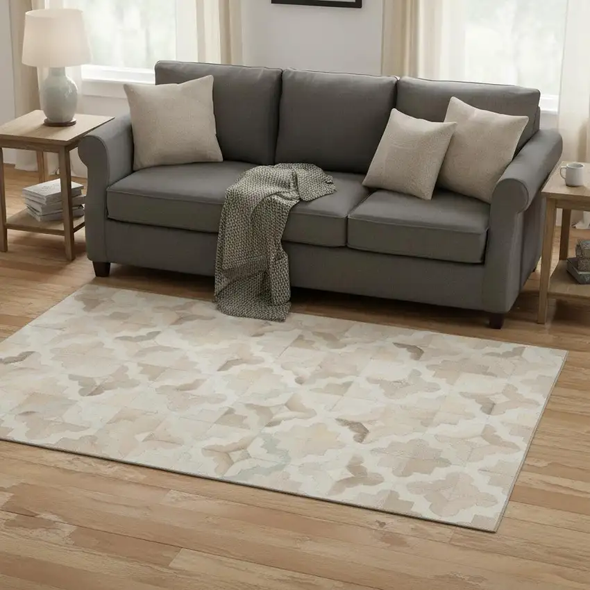 Ivory Beige And Gray Geometric Washable Area Rug With UV Protection Photo 1