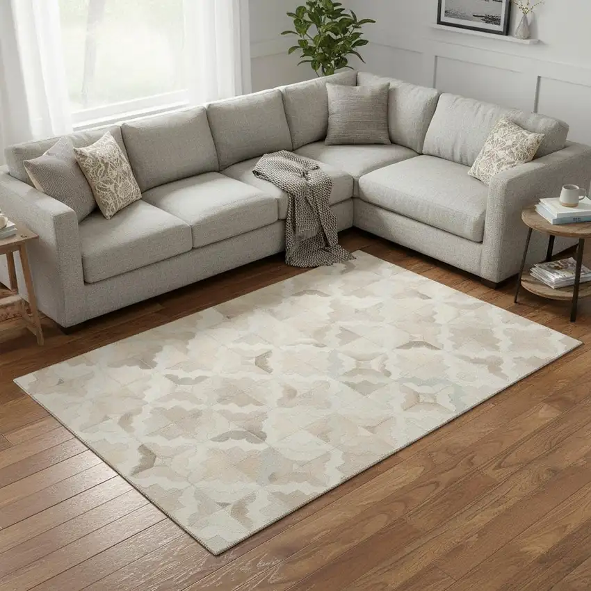 Ivory Beige And Gray Geometric Washable Area Rug With UV Protection Photo 1