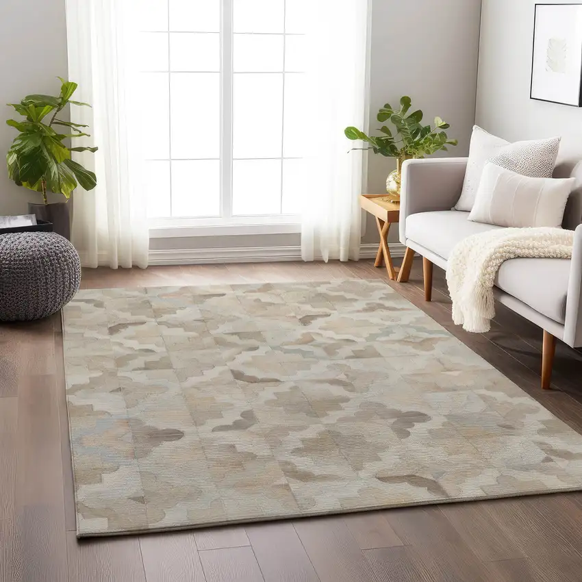 Ivory Beige And Gray Geometric Washable Area Rug With UV Protection Photo 4