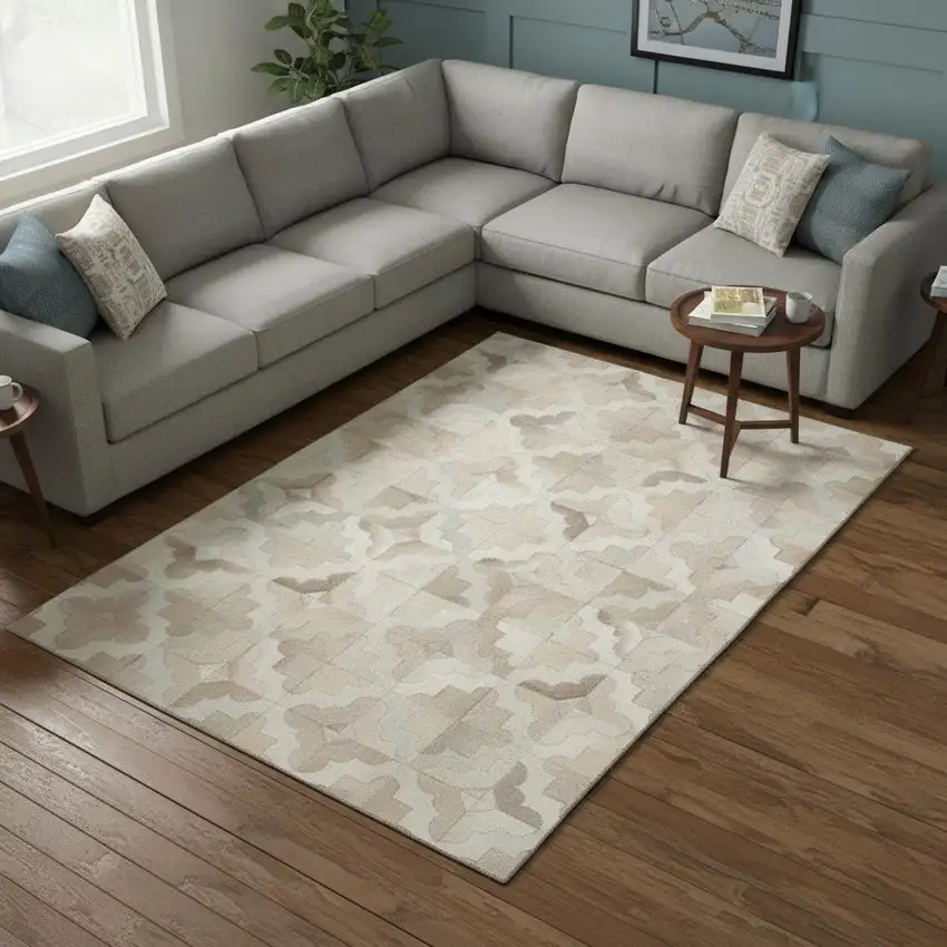 Ivory Beige And Gray Geometric Washable Area Rug With UV Protection Photo 1