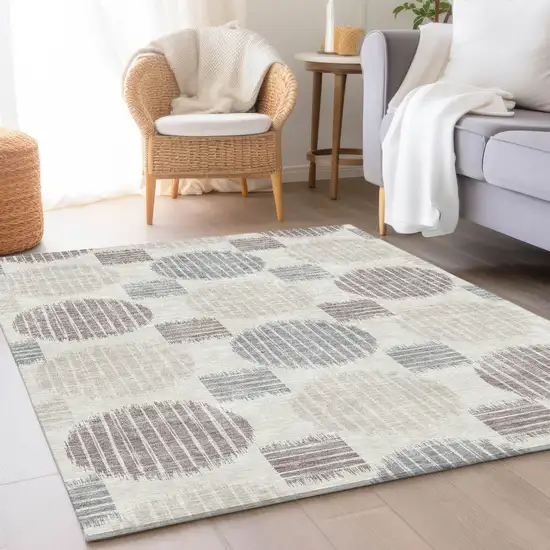 Ivory Beige And Gray Geometric Washable Area Rug With UV Protection Photo 5