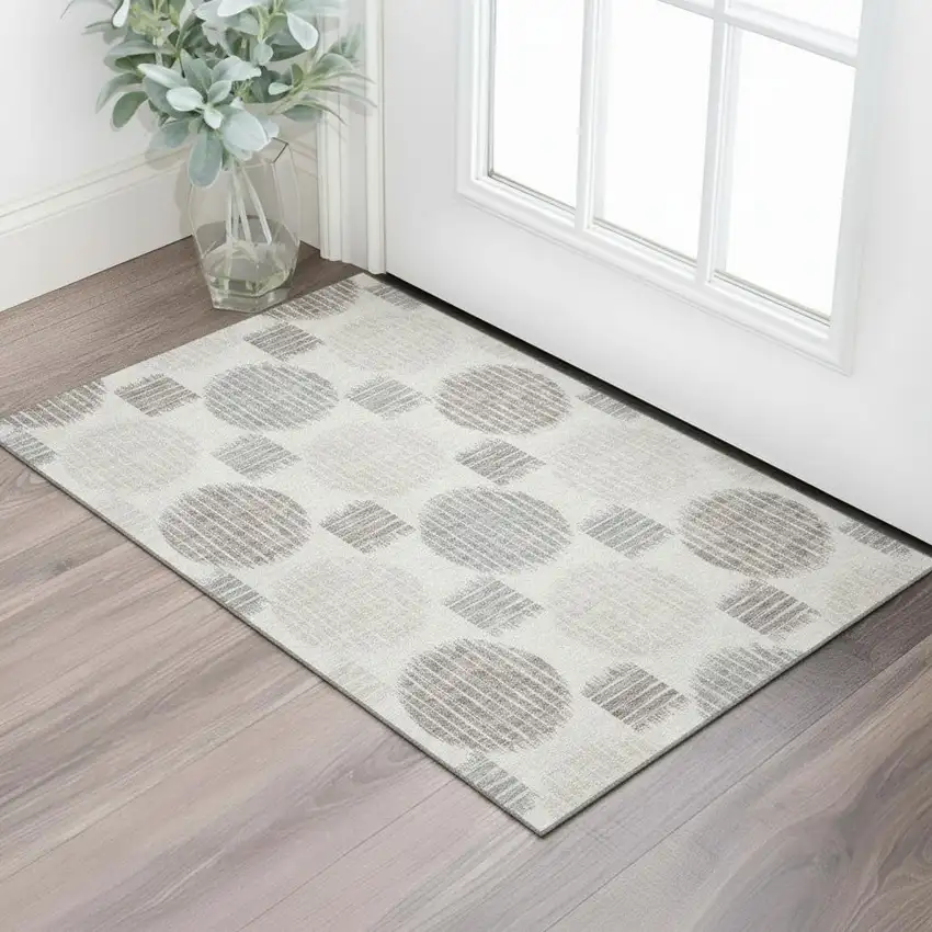 Ivory Beige And Gray Geometric Washable Area Rug With UV Protection Photo 1