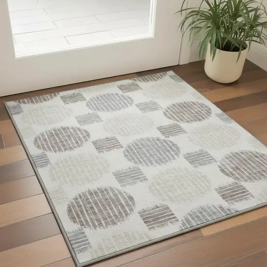 Ivory Beige And Gray Geometric Washable Area Rug With UV Protection Photo 2