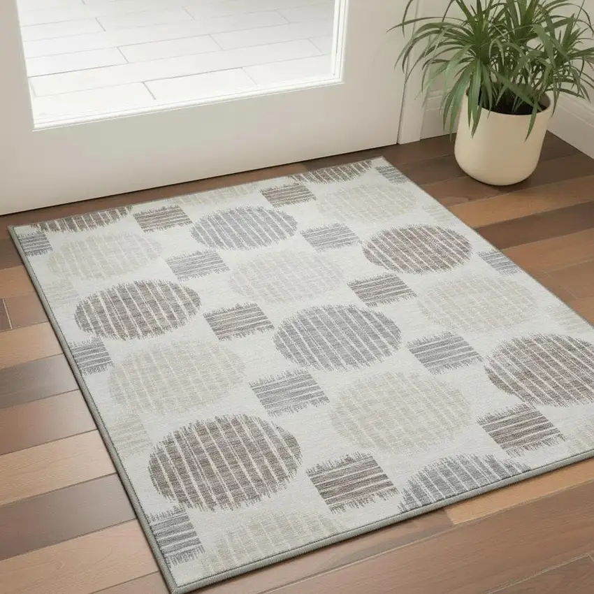 Ivory Beige And Gray Geometric Washable Area Rug With UV Protection Photo 2