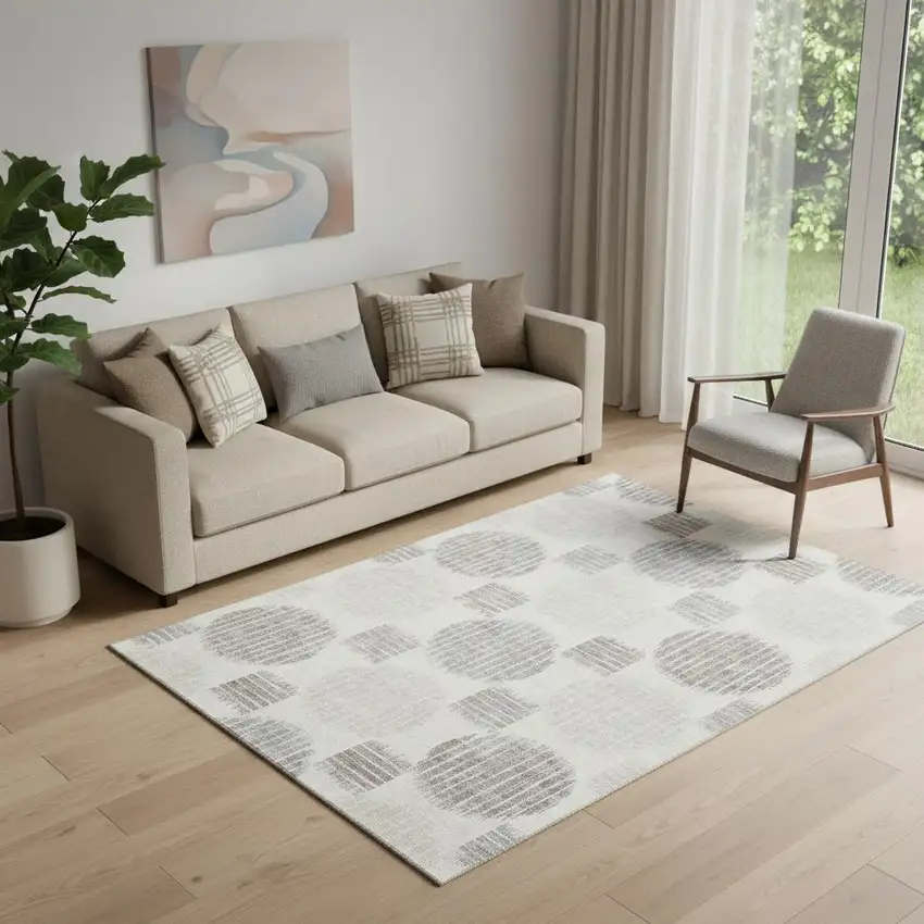 Ivory Beige And Gray Geometric Washable Area Rug With UV Protection Photo 1
