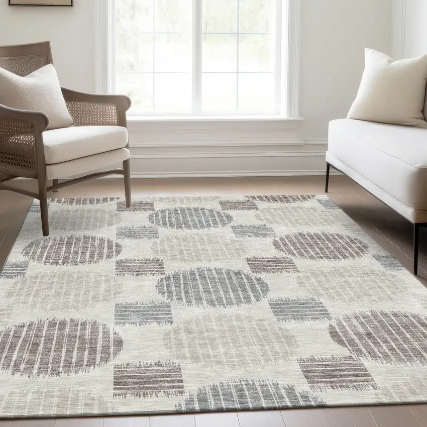 Ivory Beige And Gray Geometric Washable Area Rug With UV Protection Photo 6